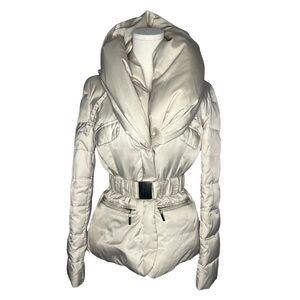 Moda International Cream Shawl Collar Hood Belted Down Filled Puffer Jacket